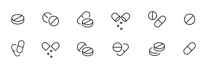 Pill icon set. Pill, capsule, tablet symbol collection. Medicine drug icons. Vector