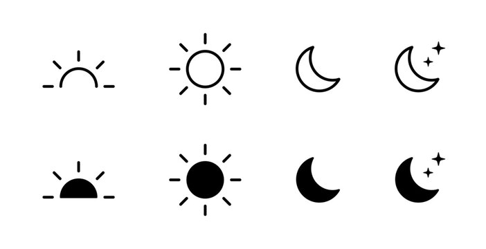 Sun and moon icons set. Dark and light mode symbol. Daytime sunset, sun, moon icon set. Vector