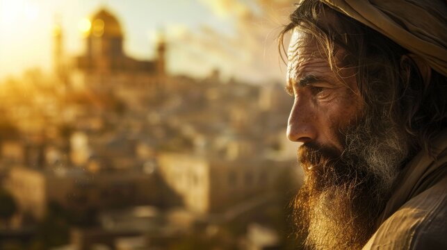 religious prophet looking in profile with israel background