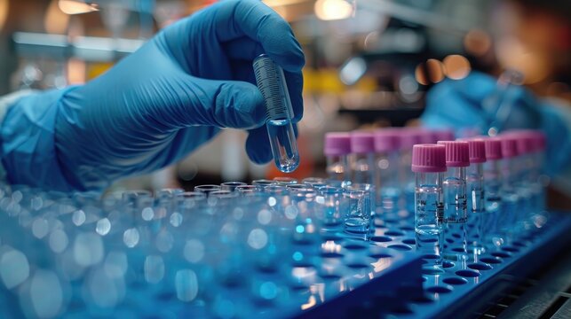 Lab technician wearing blue gloves handling test tubes in a scientific laboratory. Focus on precise equipment and scientific research.