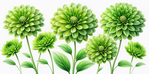 Naklejka premium Vibrant green flowers with delicate petals and stems isolated on a white background, perfect for floral designs, botanical illustrations, and nature-inspired compositions.