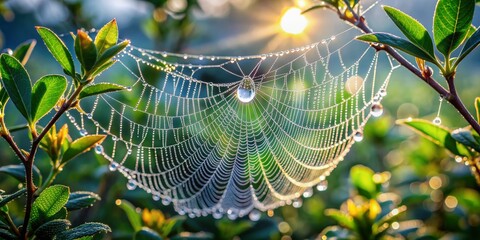 Delicate spider web glistens with morning dew, intricate threads sparkling like diamonds against a soft, serene blue sky with lush green foliage in the background.