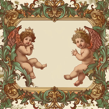 Greeting christmas postcard with cherubs with pink wings on old yellowed greenish paper with frame. Square frame.