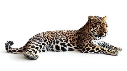 Fototapeta premium Sleek and Elegant Leopard in Resting Pose on White Background with Copyspace