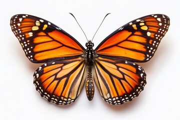Fototapeta premium Vibrant monarch butterfly with distinctive orange and black wings open wide, showcasing intricate veins and delicate patterns on a pure white isolated background.