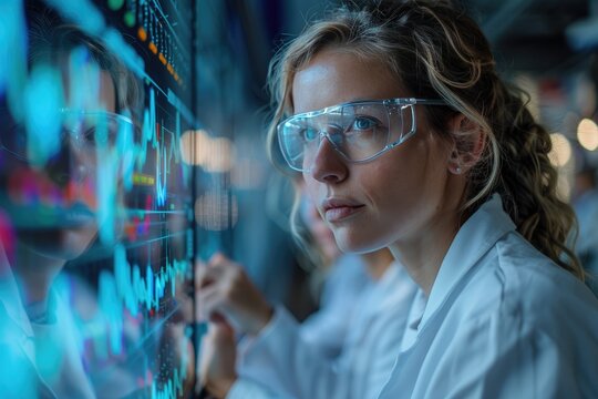 Scientist in a laboratory analyzing data on a digital screen, wearing safety glasses. Concept of research, technology, and innovation. - Powered by Adobe