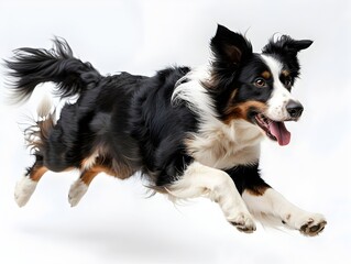 Fototapeta premium Energetic Border Collie Leaping Isolated on White Background with Copy Space