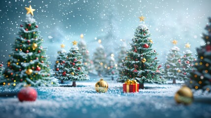 Obraz premium 3d rendering of Christmas trees with snow and decoration on blue background.
