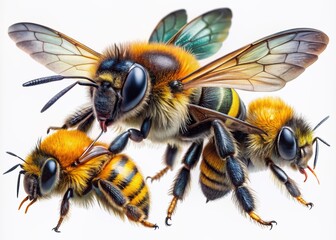 Vibrant, detailed images of a solitary flying bumblebee, bee, and wasp showcased on a transparent background, highlighting their distinct features and textures.
