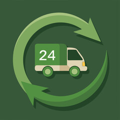 Obraz premium 24-hour delivery sign, round arrows around a cargo truck on a green background