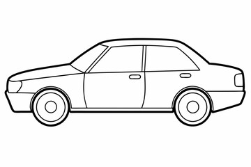 Old two-door car side view linear art in black on white background