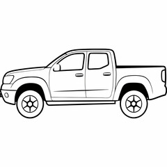 Pickup truck with big trunk linear vector art side view