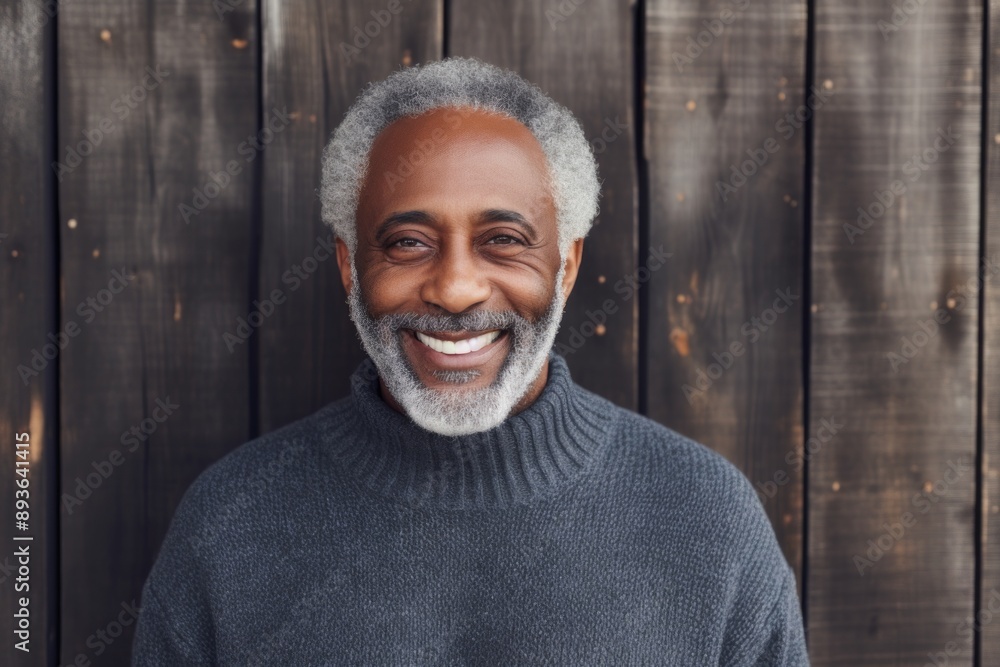 Sticker portrait of a grinning afro-american man in his 70s dressed in a comfy fleece pullover in rustic woo