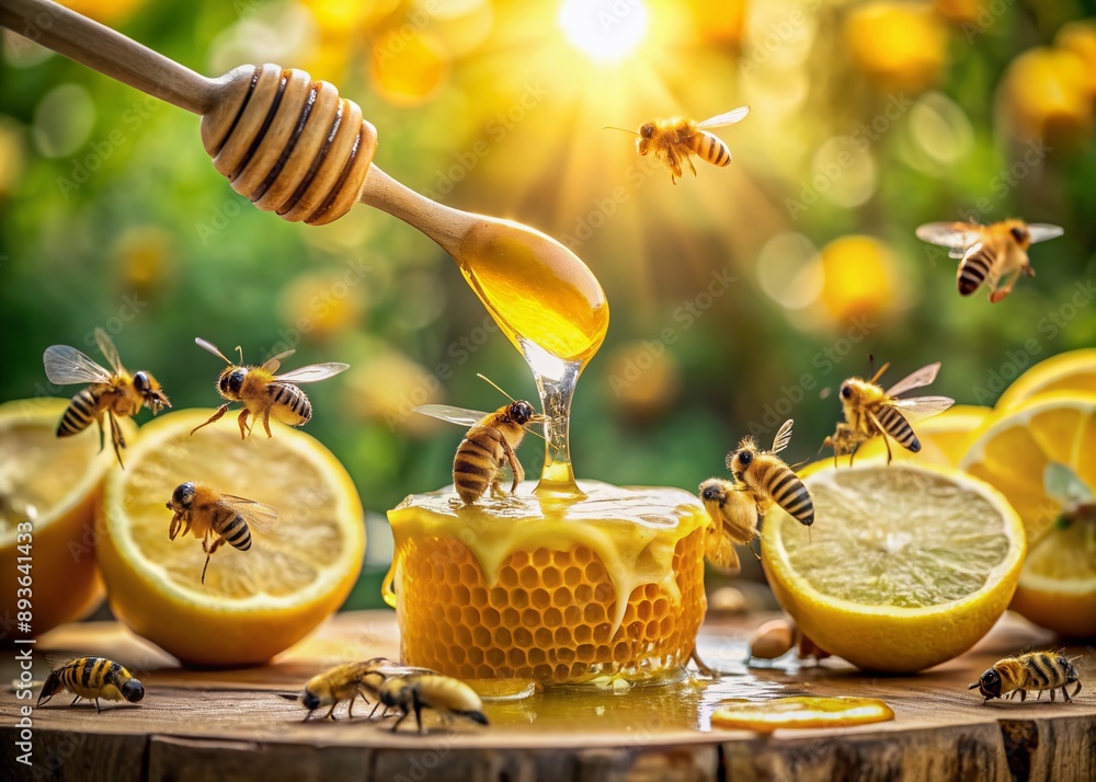 Poster golden honey drips from a slice of lemon, surrounded by busy bees collecting nectar, creating a swee