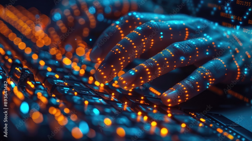 Poster close-up of hands typing on keyboard with glowing neon lights, representing cyber technology and cod
