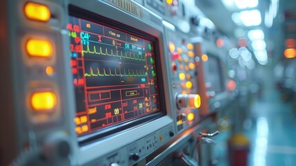 Naklejka premium Close-up of vital signs monitor in a modern hospital, displaying heart rate and medical data, with blurred background. Medical equipment in use.