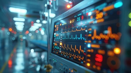 Obraz premium Close-up view of a modern medical monitor with vital signs in a hospital setting, highlighting advanced healthcare technology and patient monitoring.