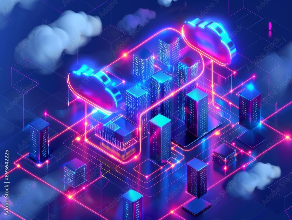 Poster cloud computing network with neon lights and skyscrapers.