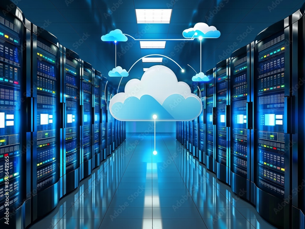 Poster data center with cloud computing concept.