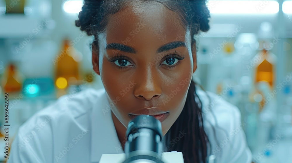 Poster focused scientist examining samples under a microscope in a modern laboratory, illustrating scientif
