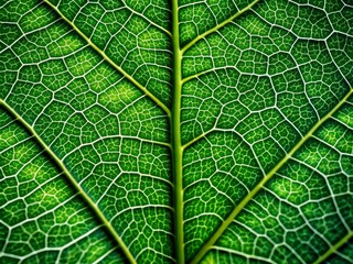Obraz premium Vibrant green leaf macro background featuring intricate network of veins and microscopic cells, showcasing nature's intricate architecture and stunning organic beauty.