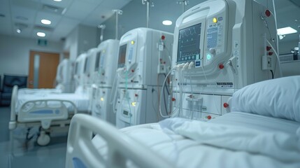 Empty hospital beds equipped with dialysis machines in a sterile medical setting, ready for patient care and treatment.
