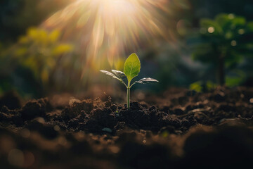 A seedling emerging from soil towards sunlight