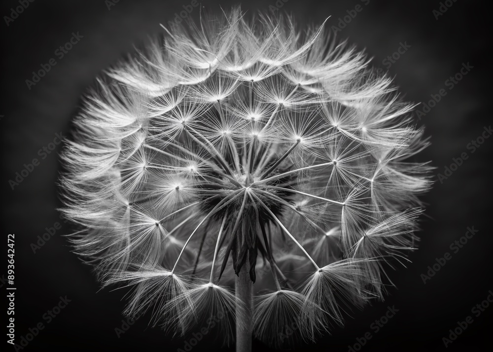 Poster beautiful isolated black and white closeup of a delicate dandelion flower with feathery texture on a