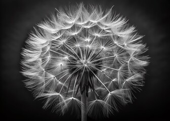 Beautiful isolated black and white closeup of a delicate dandelion flower with feathery texture on a dark background providing ample copy space.