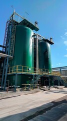 Obraz premium Green Ammonia and Liquefaction Facility: Labor Day Operations in Remote, Scorching Summer Heat. Dedicated Workers Ensuring Safe Production in Barren Landscape. 4K High-Resolution Illustration of Susta