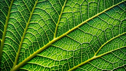 Obraz premium Vibrant green leaf showcases intricate veins and patterns in stunning macro detail, revealing nature's complex beauty with subtle texture and delicate curvature.