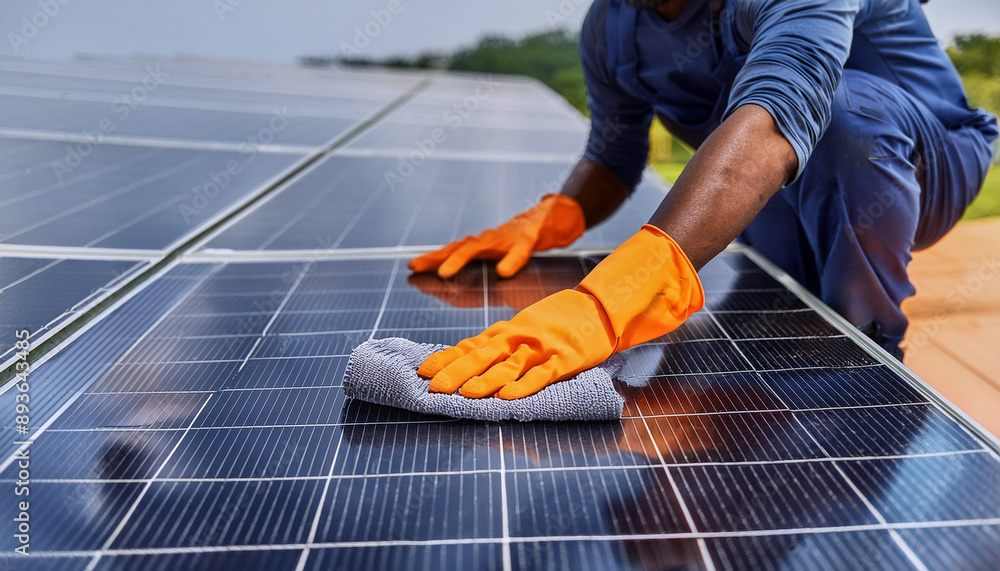 Wall mural a technician is cleaning a solar panel with a blue cloth. the person is wearing an orange glove. sol