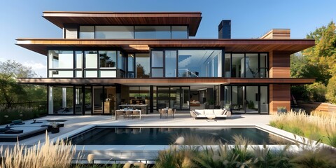 Fototapeta premium Modern Home with Swimming Pool and Large Windows