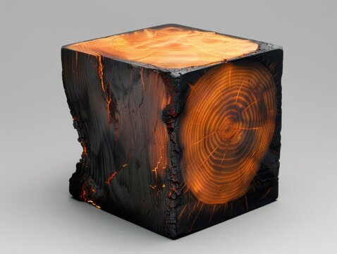 Burnt Wooden Cube with Visible Grain.