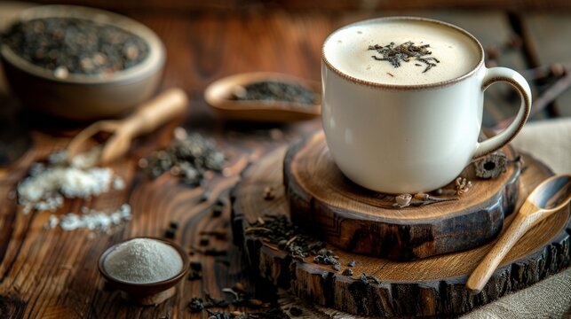 A cup of Earl Grey tea latte with loose leaf tea on a wooden surface
