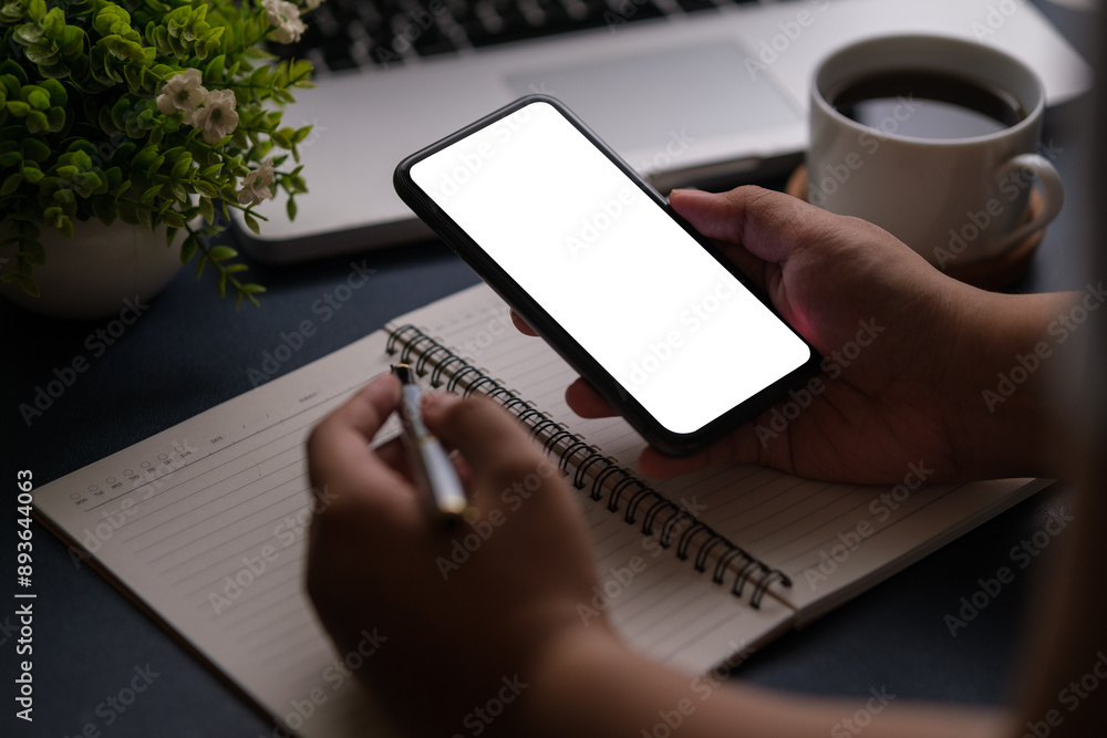 Poster man hands holding smart phone with blank screen for your text message or information content.