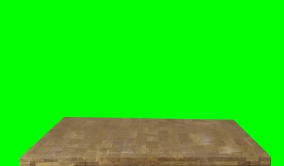 Wooden dinner table surface. Natural wood furniture close view. Tabletop isolated over green screen chroma key background