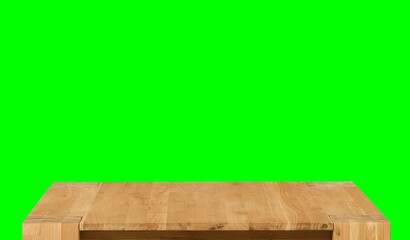 Wooden dinner table surface. Natural wood furniture close view. Tabletop isolated over green screen chroma key background