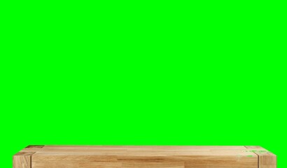 Wooden dinner table surface. Natural wood furniture close view. Tabletop isolated over green screen chroma key background