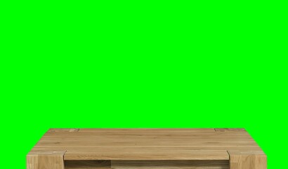 Wooden dinner table surface. Natural wood furniture close view. Tabletop isolated over green screen chroma key background