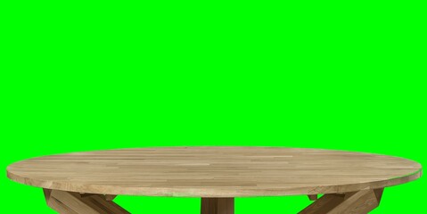 Wooden dinner table surface. Natural wood furniture close view. Tabletop isolated over green screen...