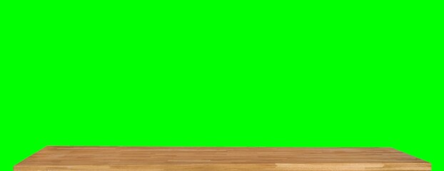 Wooden dinner table surface. Natural wood furniture close view. Tabletop isolated over green screen chroma key background