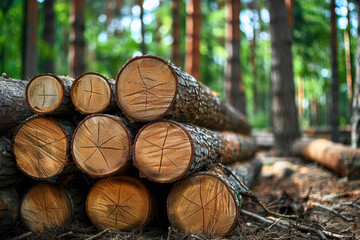Stack of logs in forest clearing ready for processing