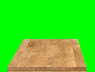 Wooden dinner table surface. Natural wood furniture close view. Tabletop isolated over green screen chroma key background