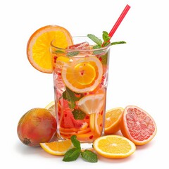 A tall glass of fruit punch with fresh citrus slices and mint leaves
