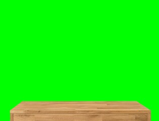 Wooden dinner table surface. Natural wood furniture close view. Tabletop isolated over green screen...