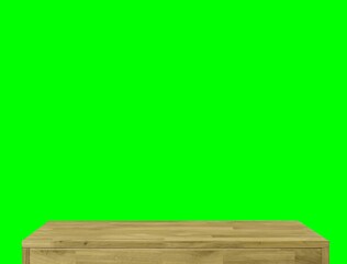 Wooden dinner table surface. Natural wood furniture close view. Tabletop isolated over green screen chroma key background
