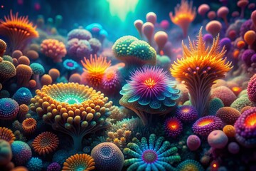 Vibrant, glowing digital texture with intricate, organic patterns reminiscent of underwater coral or extraterrestrial flora, radiating soft, otherworldly light in stunning ultra-high resolution.