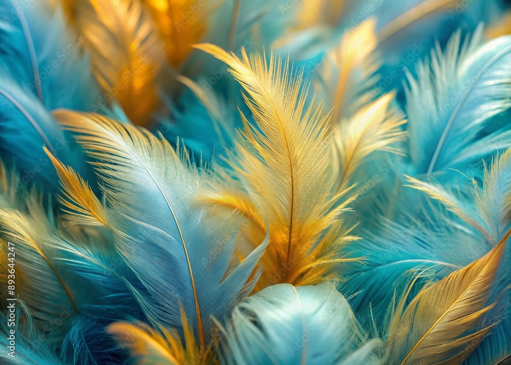 Poster vibrant light blue and gold hues adorn a mesmerizing closeup of fluffy tropical bird feathers, featu