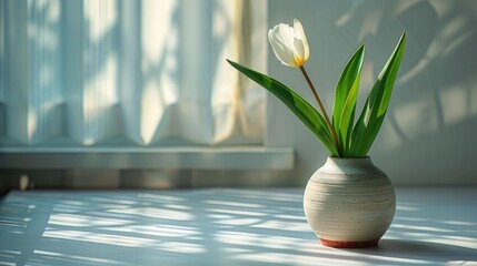 A single white tulip in a ceramic vase on a sunlit table, creating a serene and peaceful atmosphere with soft shadows.